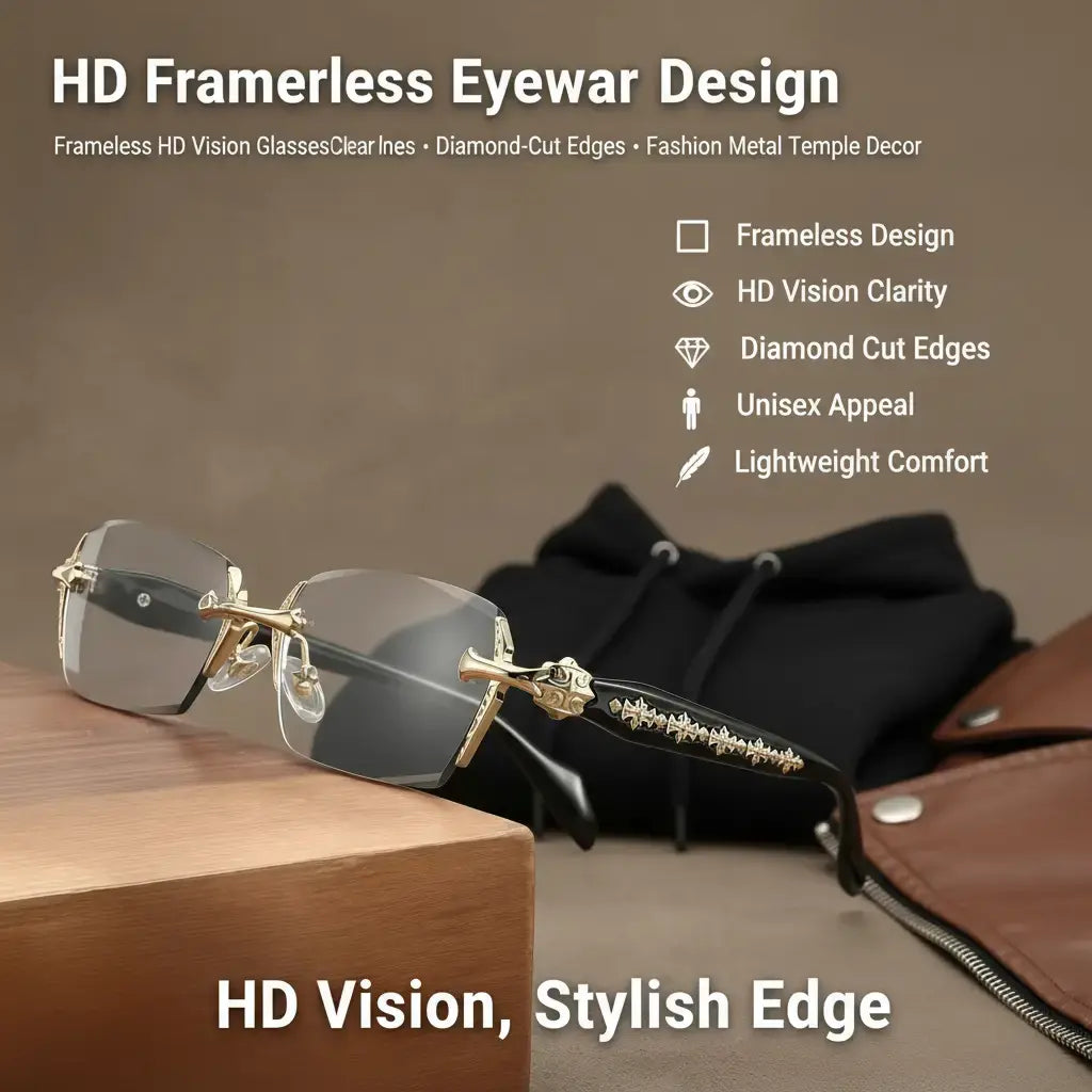 👓👓Frameless HD Vision Glasses with Clear Lenses Diamond-Cut Edges Fashion Metal Temple Decor for Computer Street Style Party Unisex Women Men Daily Spring Statements Lightweight-8POP