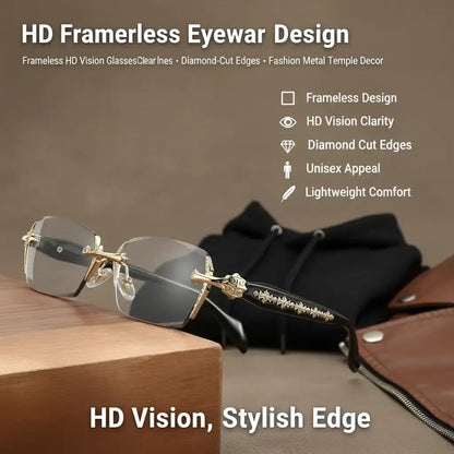👓👓Frameless HD Vision Glasses with Clear Lenses Diamond-Cut Edges Fashion Metal Temple Decor for Computer Street Style Party Unisex Women Men Daily Spring Statements Lightweight-8POP