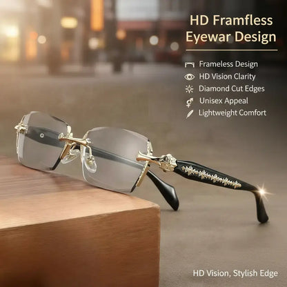 👓👓Frameless HD Vision Glasses with Clear Lenses Diamond-Cut Edges Fashion Metal Temple Decor for Computer Street Style Party Unisex Women Men Daily Spring Statements Lightweight-8POP