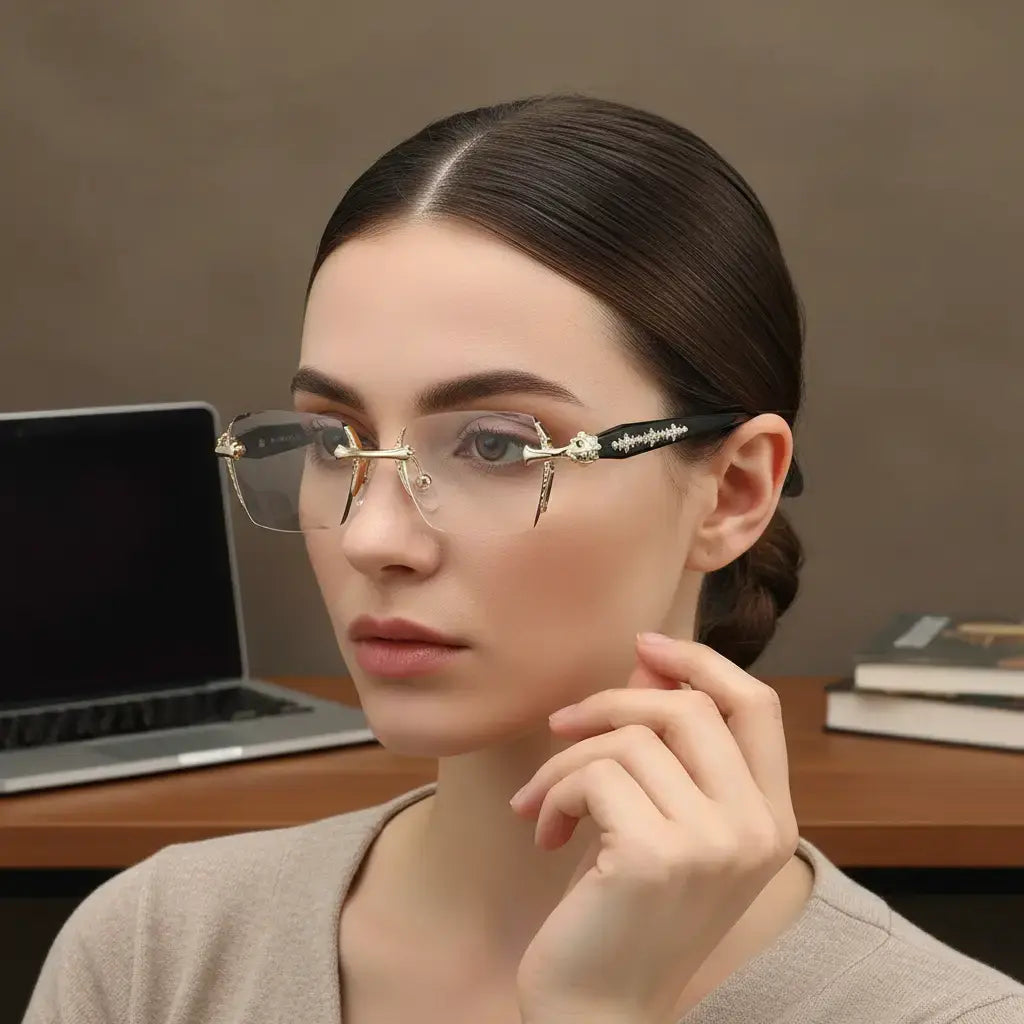 👓👓Frameless HD Vision Glasses with Clear Lenses Diamond-Cut Edges Fashion Metal Temple Decor for Computer Street Style Party Unisex Women Men Daily Spring Statements Lightweight-8POP