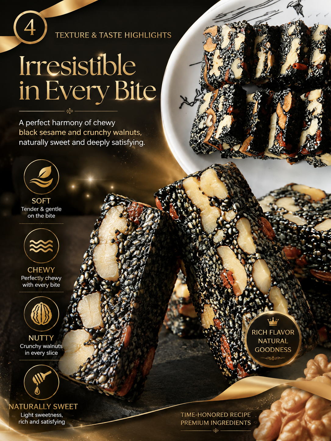 Natural Black Sesame Walnut Date Chewy Cake|Traditional Nut Snack for Daily Nourishment -8HJ9