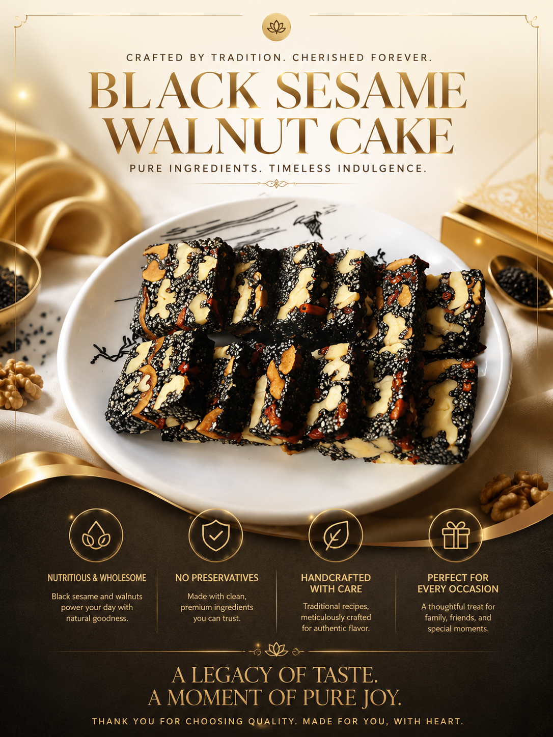 Natural Black Sesame Walnut Date Chewy Cake|Traditional Nut Snack for Daily Nourishment -8HJ9