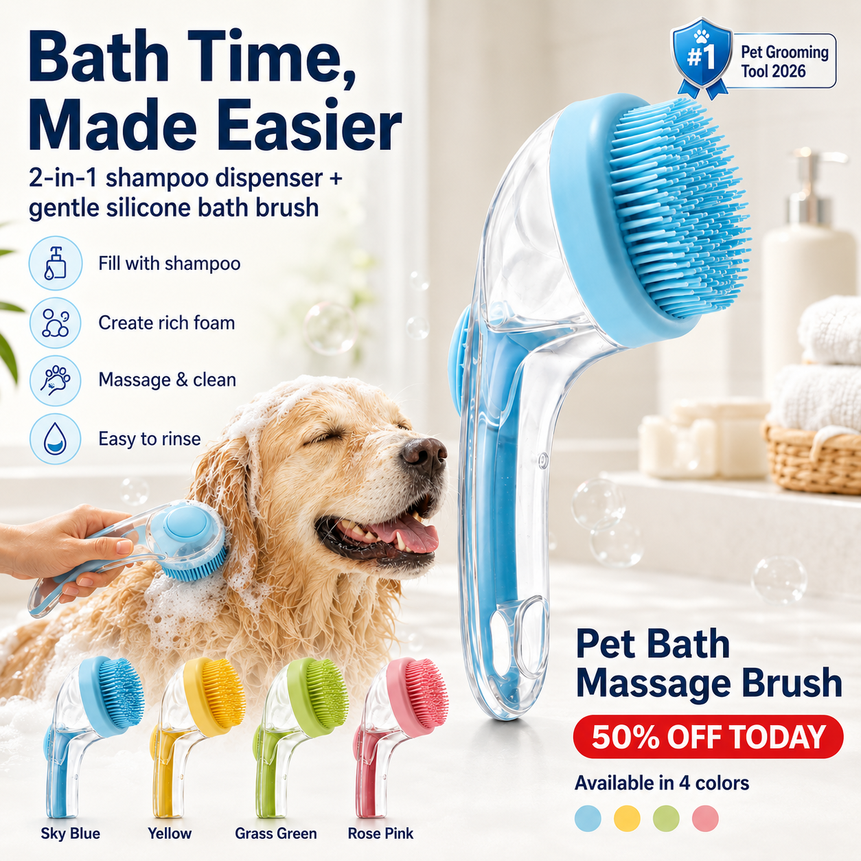 💥Limited Time 50% OFF💥2-in-1 Dog Bath Brush with Shampoo Dispenser – Soft Silicone Pet Grooming Brush for Dogs & Cats🐕😻-8HJ9