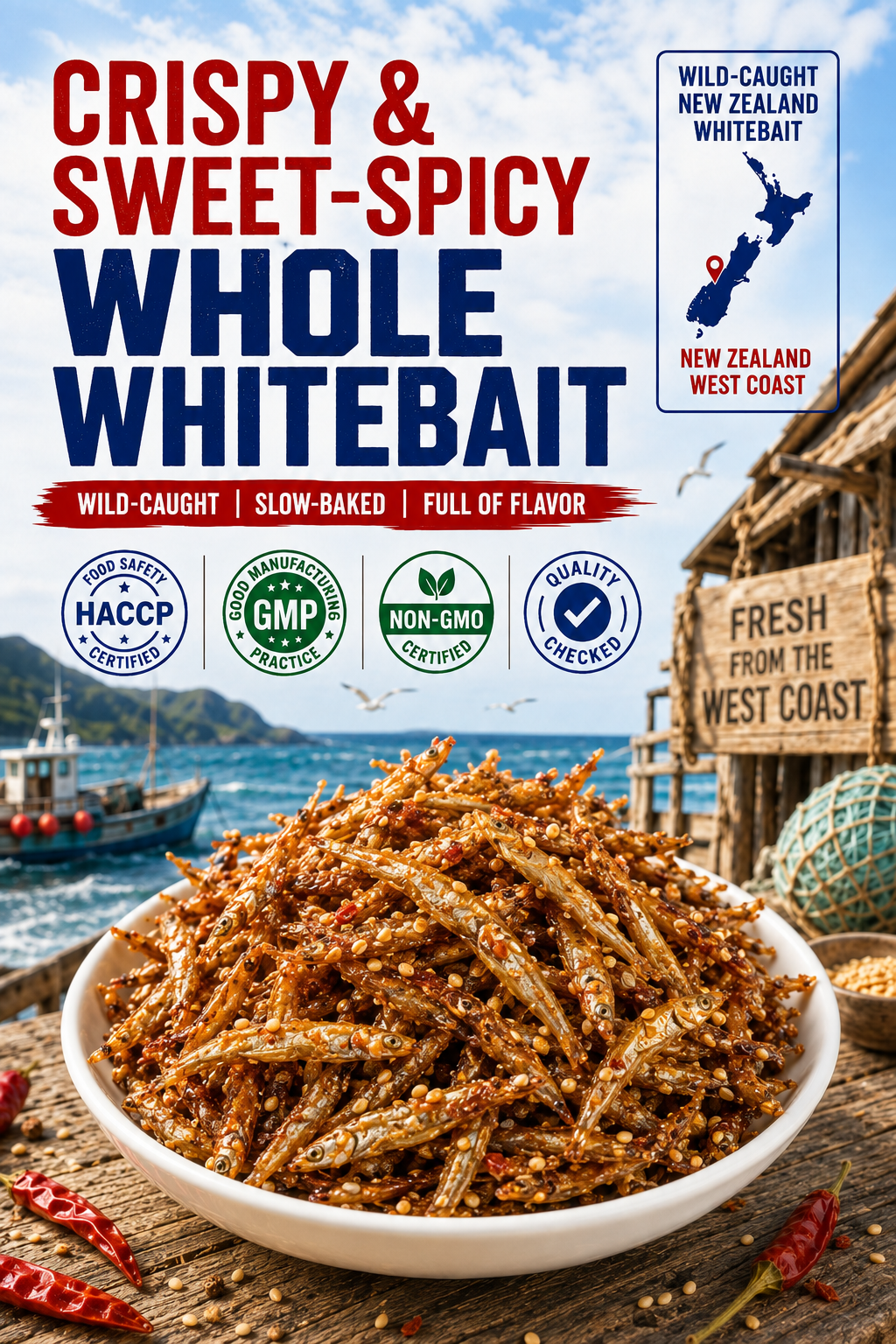🔥 Limited Seasonal Catch | Spicy-Sweet Whole Whitebait Snacks – Wild-Caught New Zealand Fish, Slow-Baked, Crispy & Protein-Rich-8CR5
