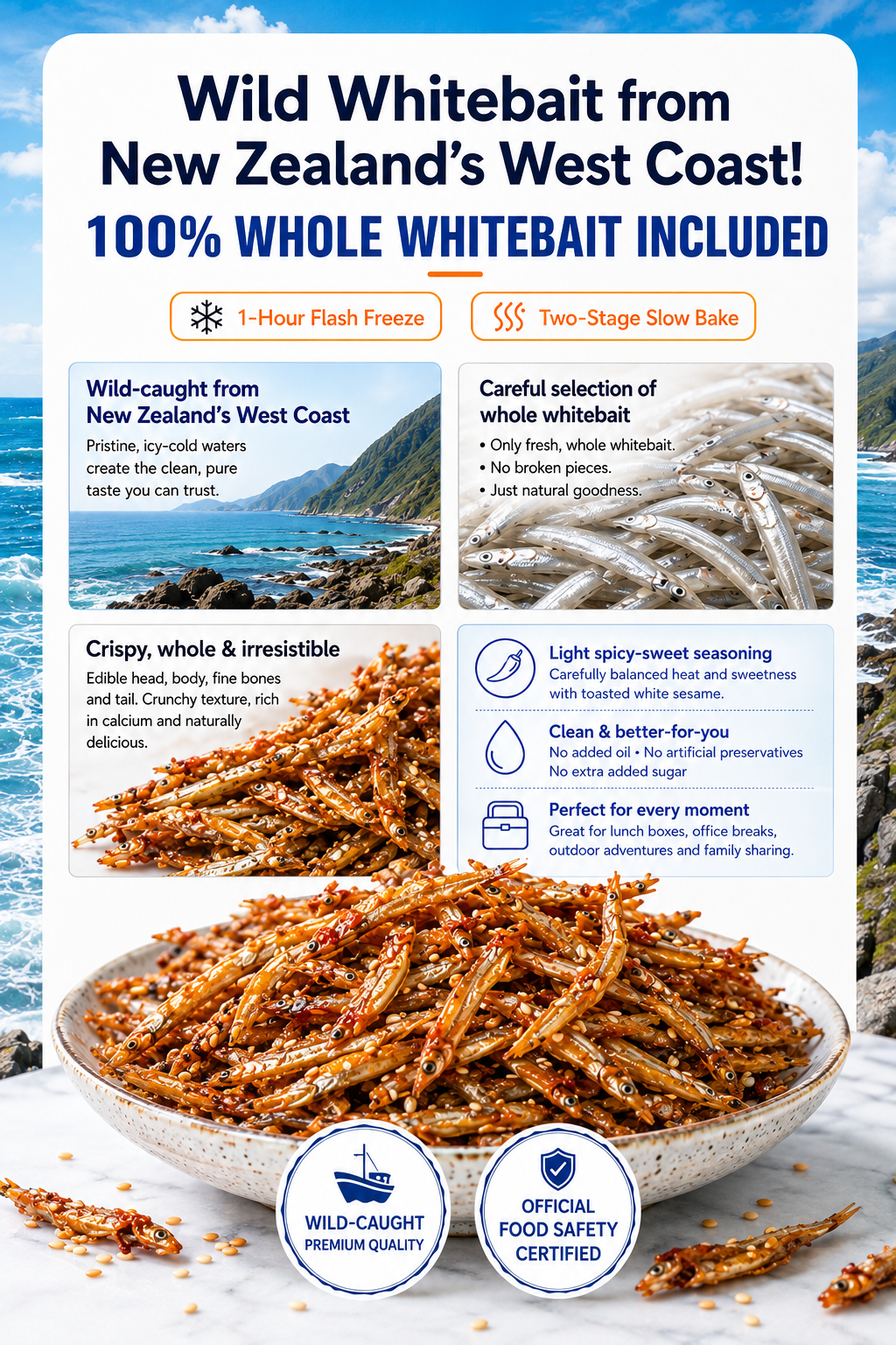 🔥 Limited Seasonal Catch | Spicy-Sweet Whole Whitebait Snacks – Wild-Caught New Zealand Fish, Slow-Baked, Crispy & Protein-Rich-8CR5