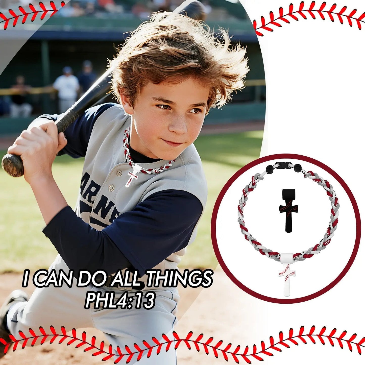 ✝️⚾ Triple-Rope Tornado Baseball Necklace – Cross Charm Pendant with "I CAN DO ALL THINGS PHL4:13"-8POP