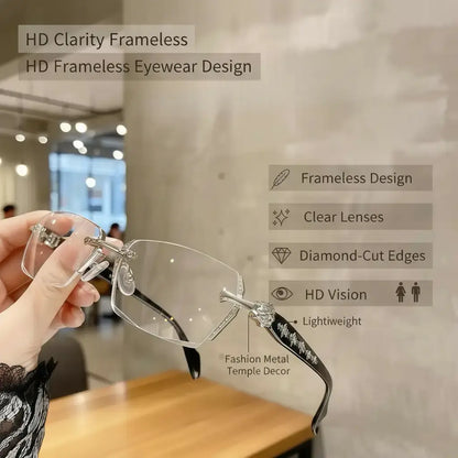👓👓Frameless HD Vision Glasses with Clear Lenses Diamond-Cut Edges Fashion Metal Temple Decor for Computer Street Style Party Unisex Women Men Daily Spring Statements Lightweight-8POP