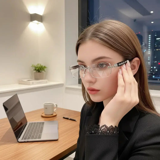 👓👓Frameless HD Vision Glasses with Clear Lenses Diamond-Cut Edges Fashion Metal Temple Decor for Computer Street Style Party Unisex Women Men Daily Spring Statements Lightweight-8POP