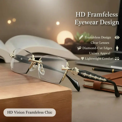 👓👓Frameless HD Vision Glasses with Clear Lenses Diamond-Cut Edges Fashion Metal Temple Decor for Computer Street Style Party Unisex Women Men Daily Spring Statements Lightweight-8POP
